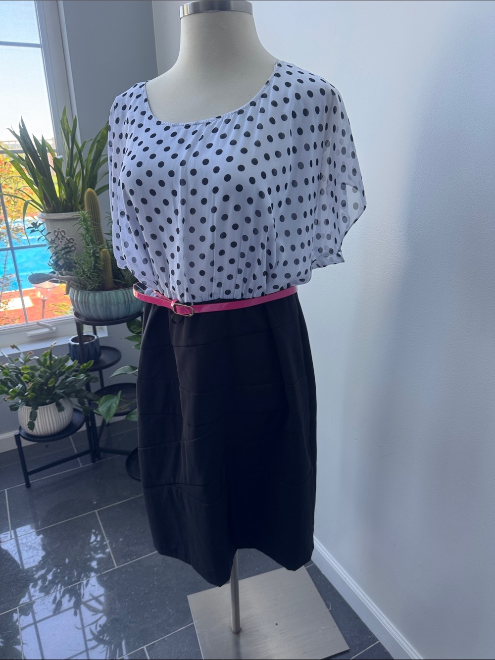 Alyx Dress with Polka Dot Bodice/Black Skirt and Pink Belt